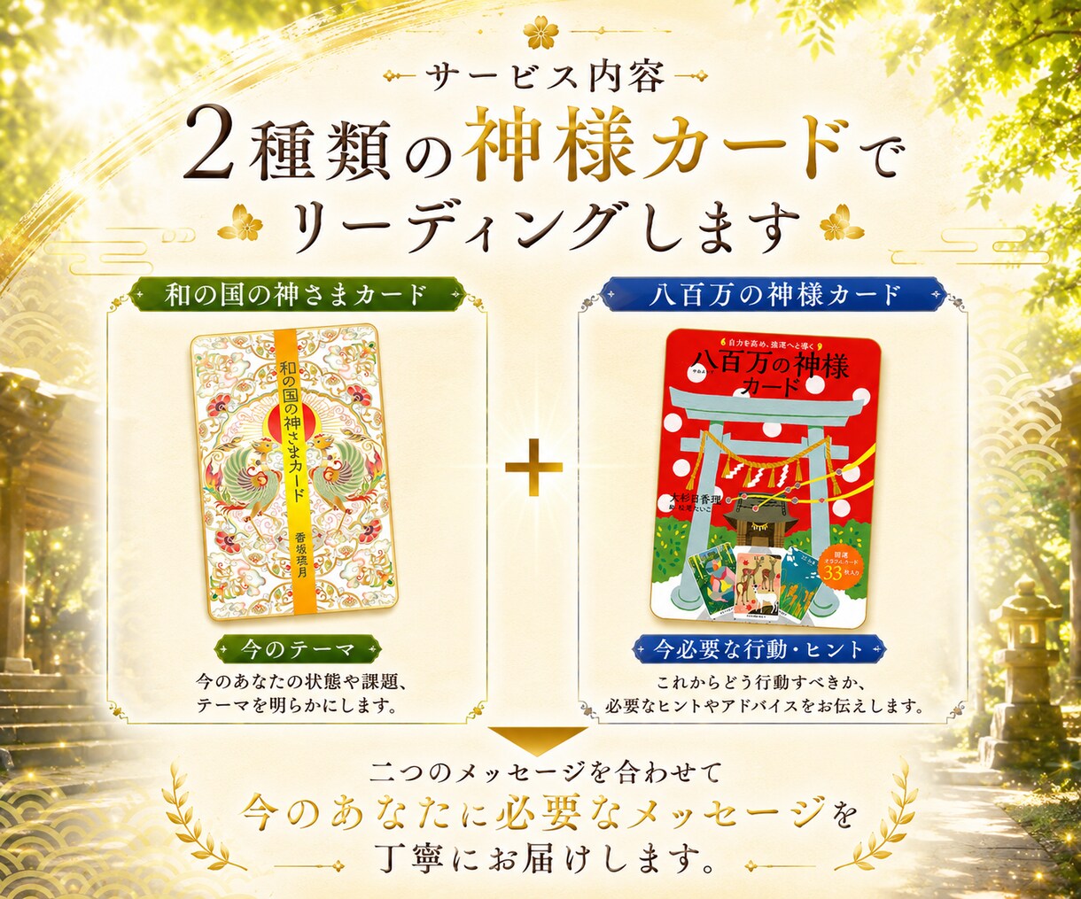 八百万の神様から今必要なメッセージをお届けします 2つの神様系オラクルカードを組み合わせ、多角的にリーディング イメージ3