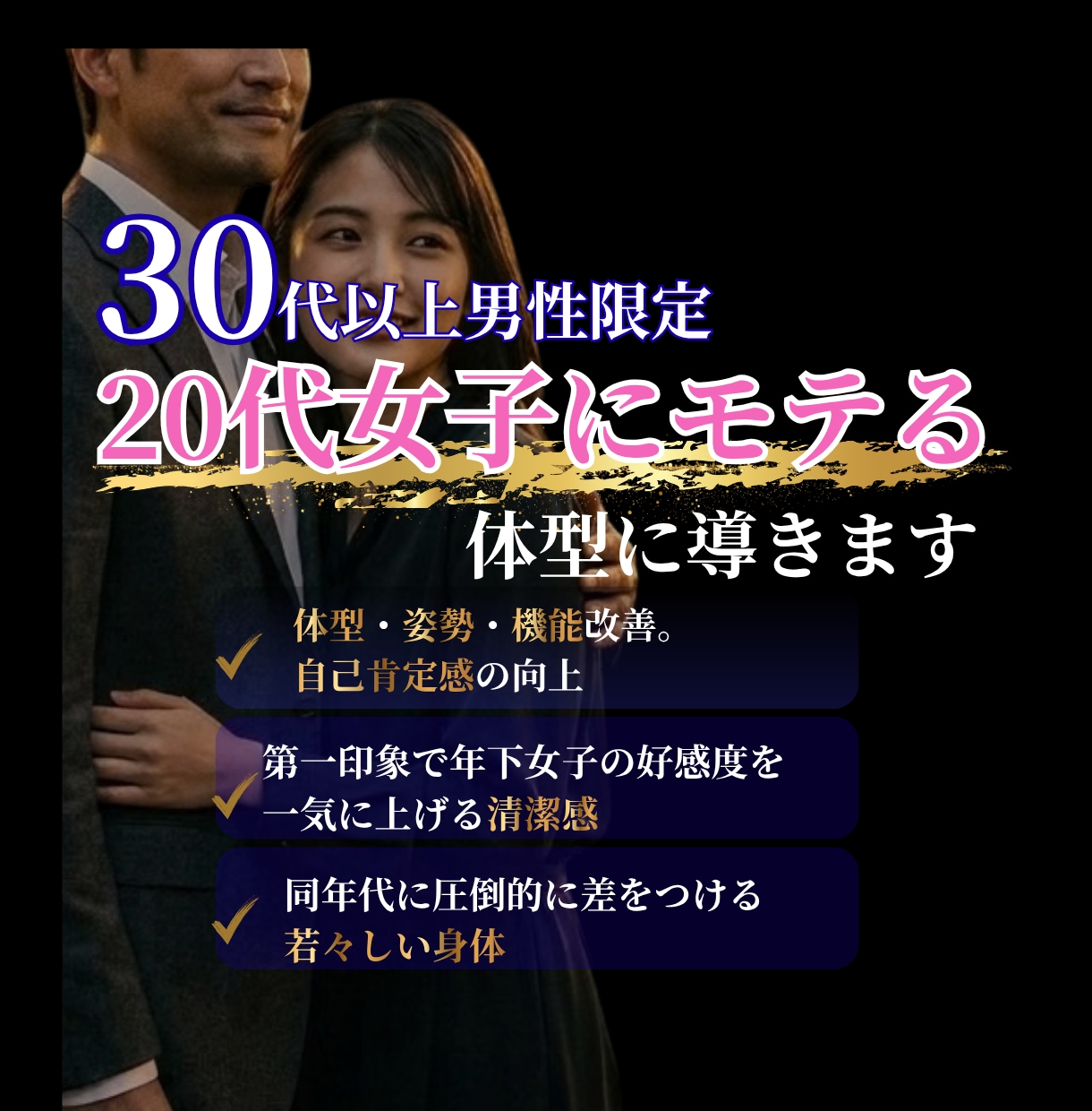 20代女子にモテる体型に！筋トレ・食事指導します 【残り1枠】30代以上の男性限定。若くてモテる体が手に入る！ イメージ1