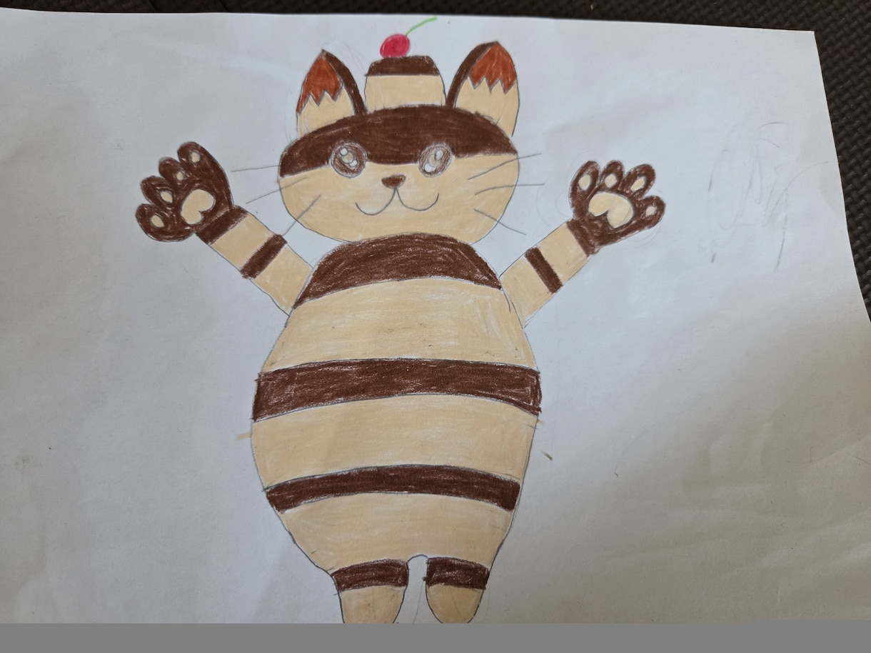 原画一点物プリン猫イラストをお届けします 一点物手招き猫アートバンザイプリン猫 イメージ1