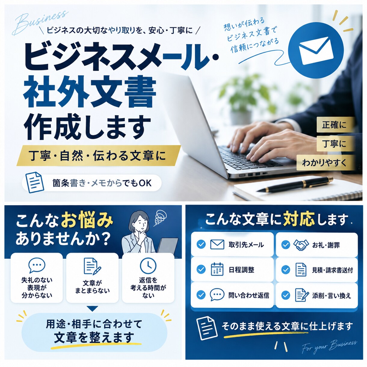 取引先へのメール文章、社外文書資料等を作成致します 取引先への文書の言葉遣い等に不安がある方お待ちしております。 イメージ1