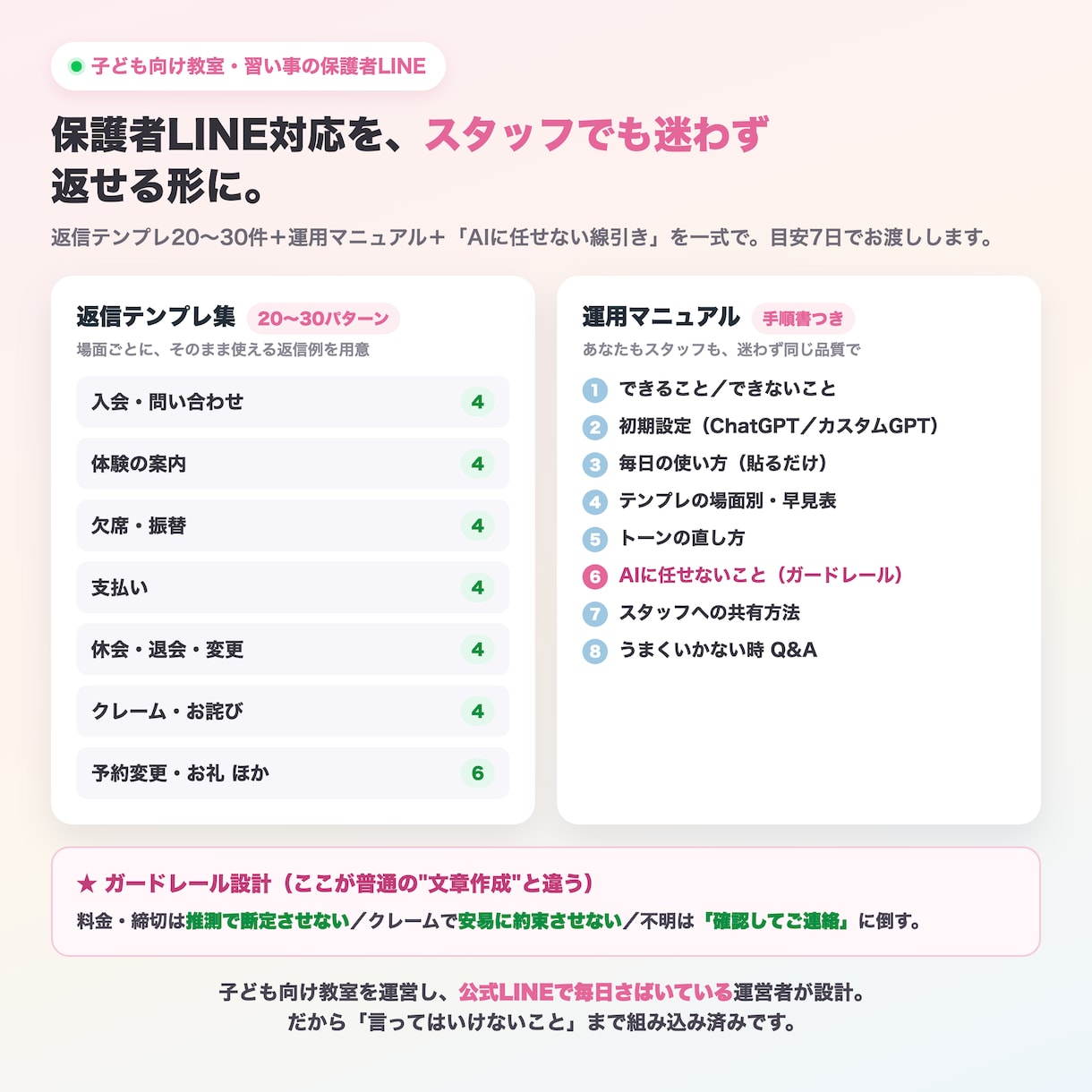 教室の保護者LINE、返信集と運用ルール作ります 保護者対応をスタッフでも迷わず返せる形に イメージ2