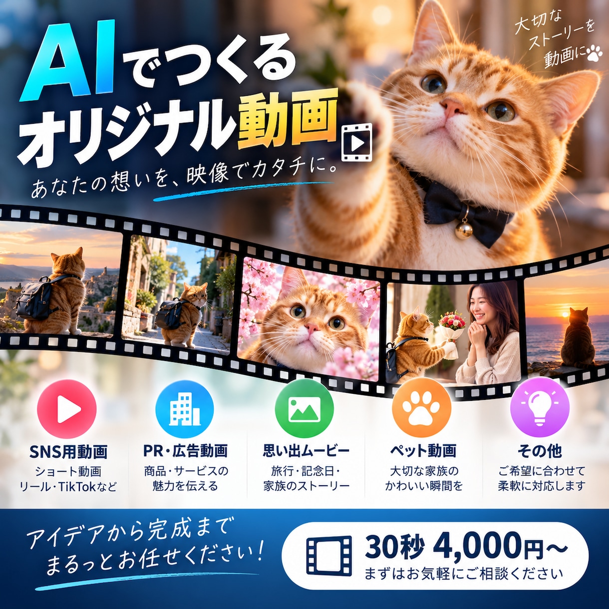 SNSや思い出にオリジナル動画お作りします 個人様、法人様用にPR動画やペットとの思い出を映像に致します イメージ1