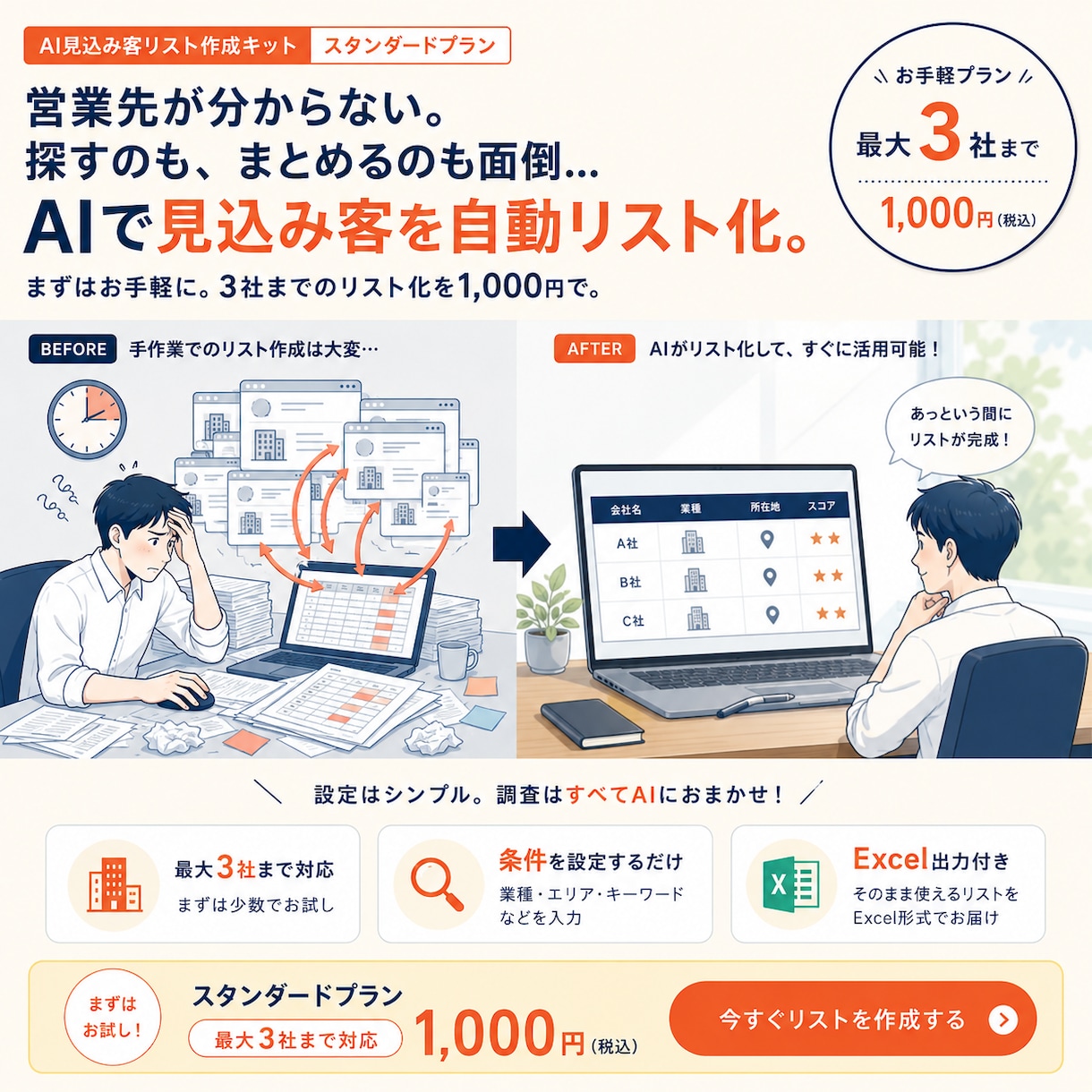 AIで見込み客候補を最大3社まで自動リスト化します 営業先探しの手間を減らす買い切りスターターキット イメージ1