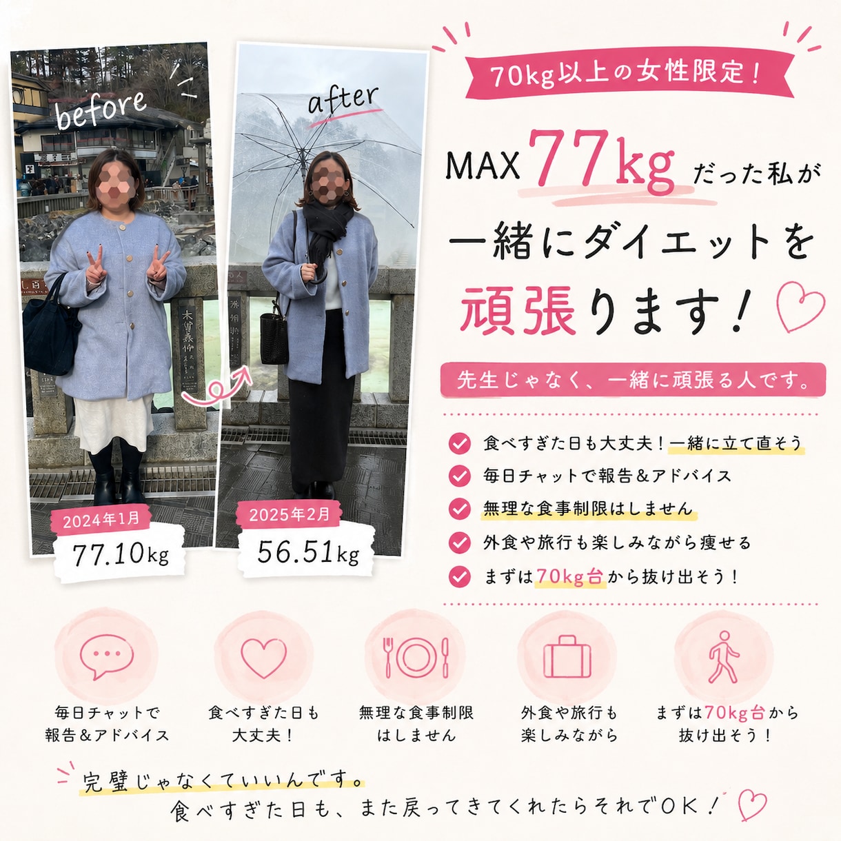 70kg以上限定！元77kgの私が伴走します 先生じゃなく、一緒に頑張る人。食べすぎた日も怒りません☺️ イメージ1