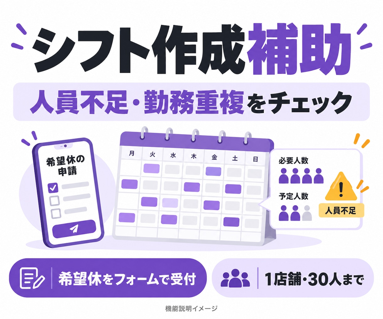 希望休と人員不足を確認するシフト表を作ります 希望休・勤務重複・人員不足の確認をサポート イメージ1
