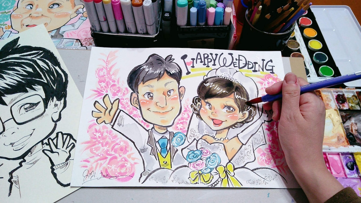 色紙サイズ【額付き】ウエルカムボード似顔絵描きます 新郎新婦のお祝いを似顔絵で彩ります。 イメージ4