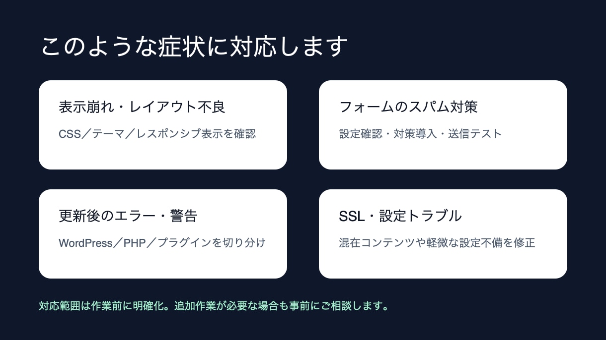 WordPressの不具合・表示崩れを直します 原因調査から修正・動作確認まで丁寧に対応 イメージ2