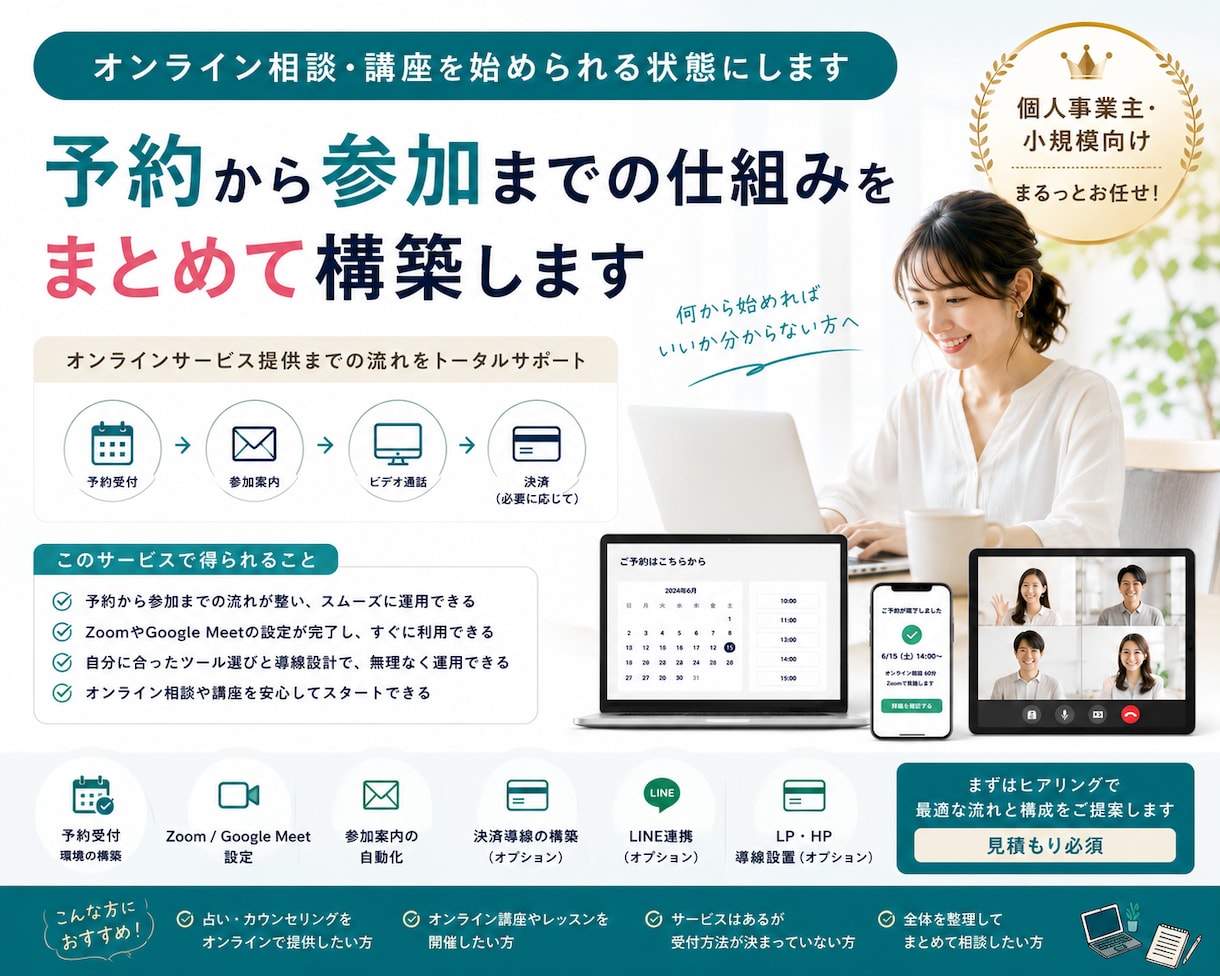 オンライン相談・講座を始められる状態にします 何から始めればいいか分からない方へ｜予約から参加まで対応 イメージ1
