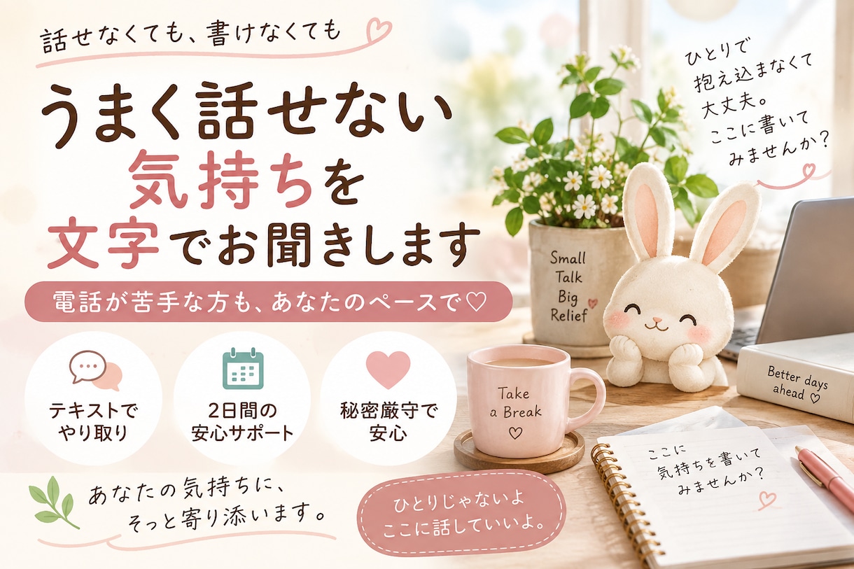 うまく話せない気持ちを文字でお聞きします 電話が苦手でも大丈夫。あなたのペースでお話しください イメージ1