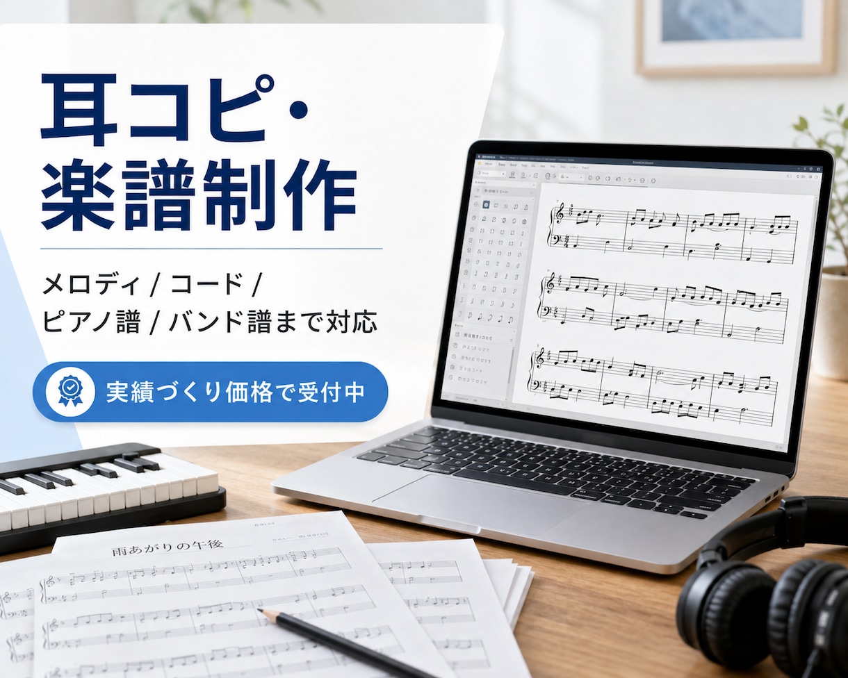 耳コピして楽譜・MIDI・オケ音源を制作します メロディ1本からピアノ譜・バンド譜まで対応 イメージ1