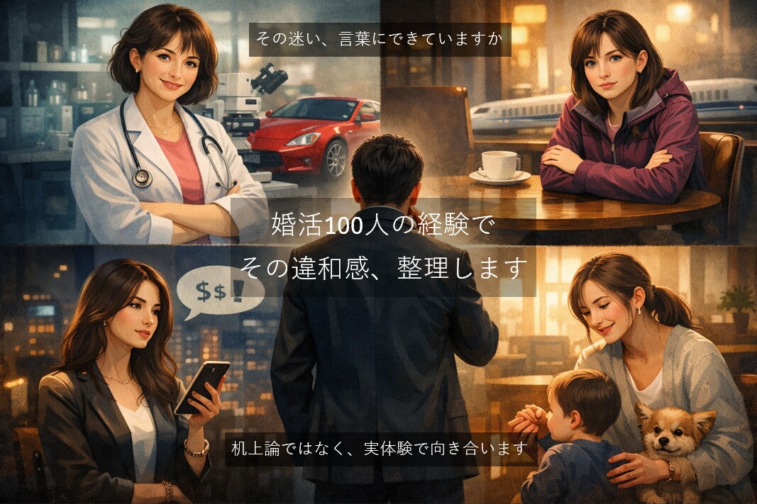 婚活100人の経験から相談に乗ります その違和感、言語化します。 婚活100人の経験で整理します。 イメージ1
