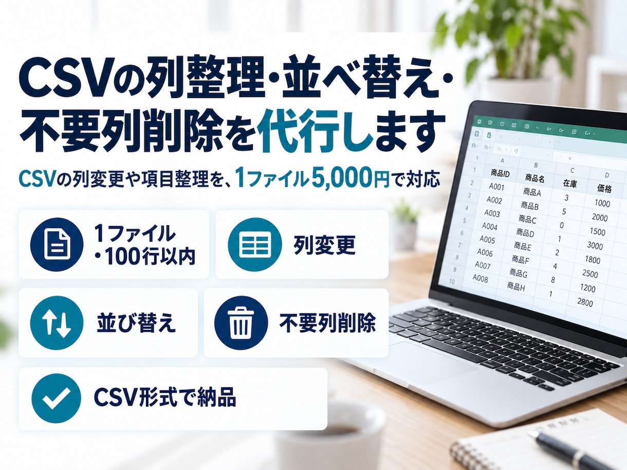 CSVの列整理・並べ替え・不要列削除を代行します CSVの列順変更や項目整理を、1ファイル5,000円で対応 イメージ1