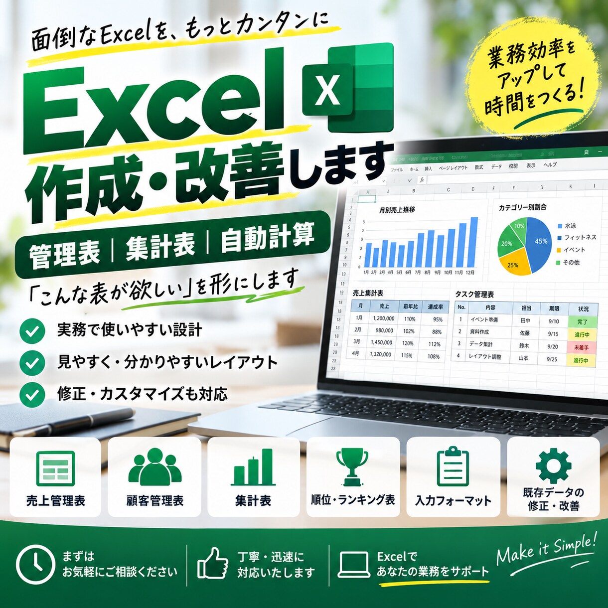 Excelの管理表・集計表を使いやすく作成します 面倒な集計や管理を使いやすいExcelにします イメージ1