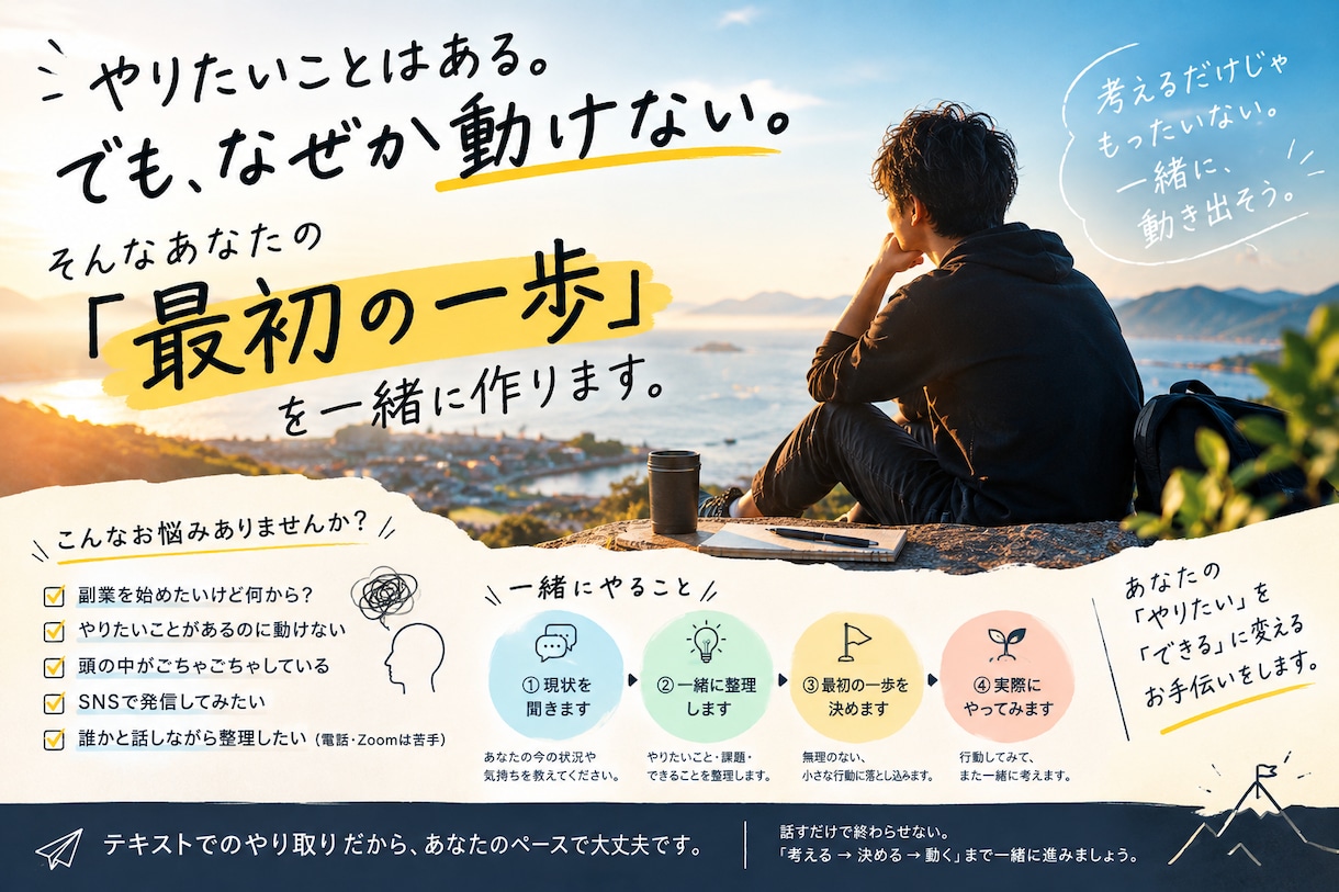 やりたいことの「最初の一歩」を一緒に作ります 一人で悩まず「まずやってみる」まで一緒に イメージ1