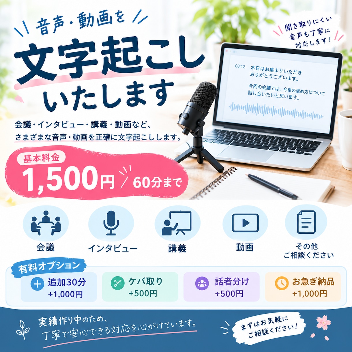 音声・動画を丁寧に文字起こしします 実績作り中だからこそ、一件一件丁寧に対応します イメージ1