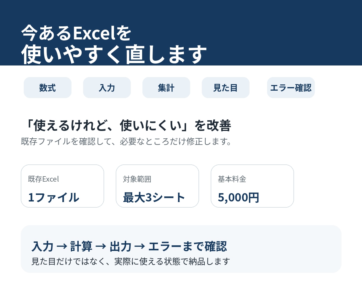 今あるExcelを使いやすく修正・改善します 数式・入力・集計・見た目・エラーまで確認して整えます イメージ1