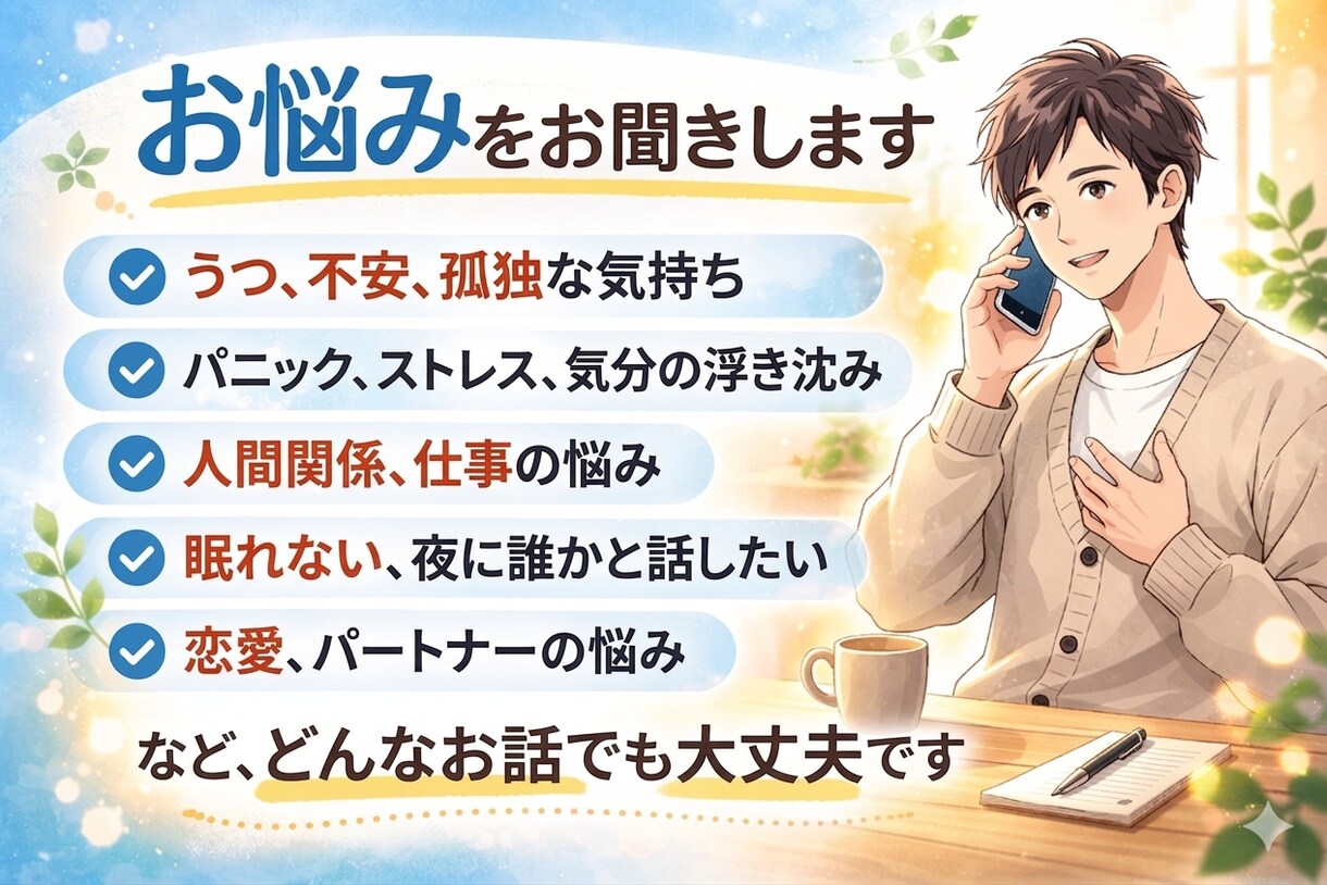 うつ・不安・孤独の悩みお聞きします 否定せず、安心して話せる場所です イメージ1