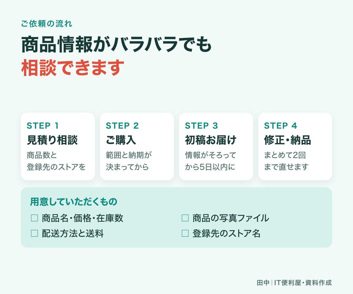 ECの商品登録と商品ページを作成します 商品情報を整理し10商品を登録できる形に整えます イメージ7