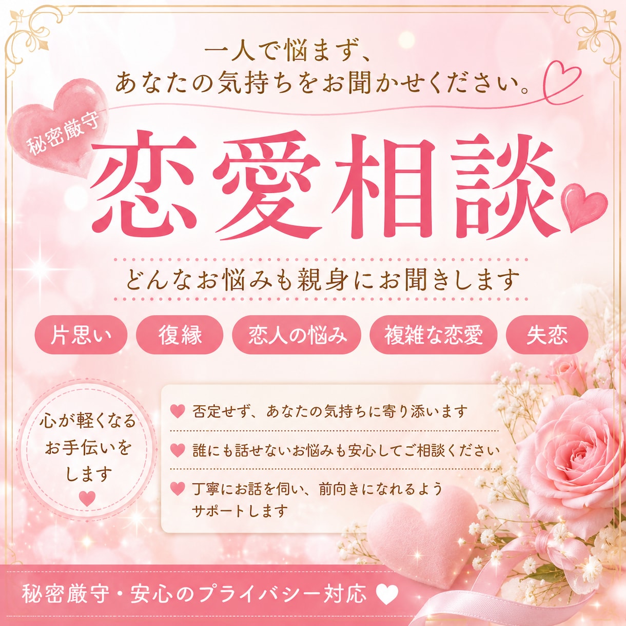 どんな恋のお悩みもあなたに寄り添ってお聞きします 一人で悩まず、あなたの気持ちをお聞かせください。 イメージ1