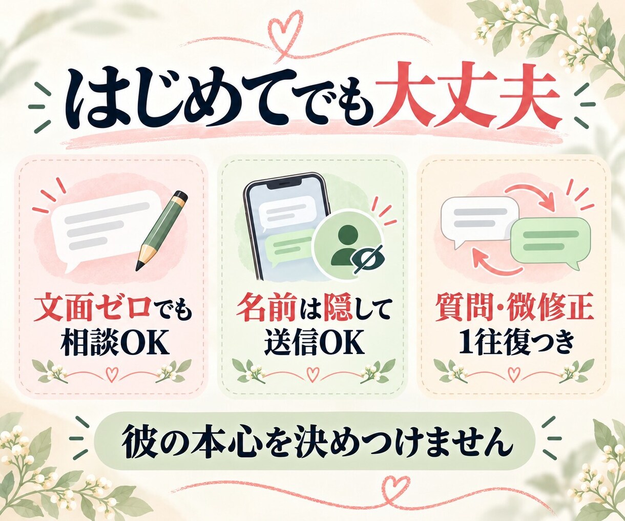 彼に送るLINEを男性目線で5通添削します 「これ送って大丈夫？」に、返信文と理由で答えます イメージ6