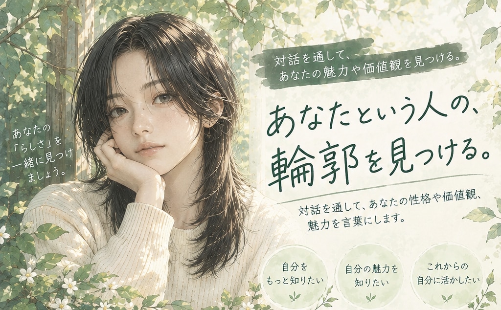あなたの性格や価値観、魅力を言葉にします あなたという人の、輪郭を見つけます。 イメージ1
