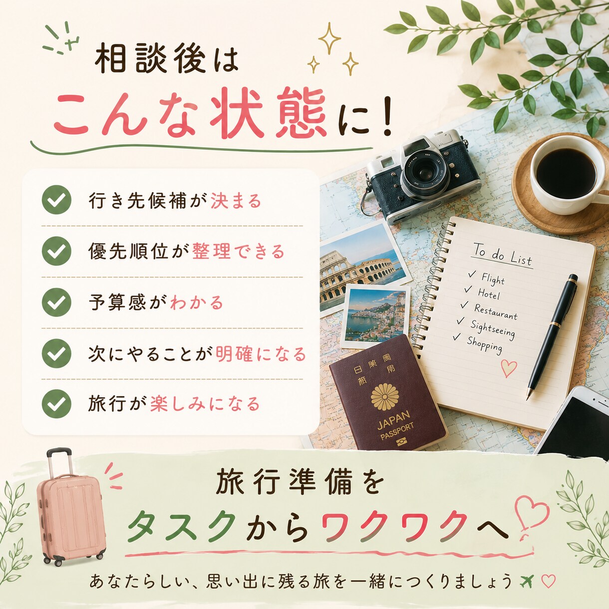 お試し相談｜あなたに合った旅行の方向性を提案します 旅のはじめの作戦会議｜旅行計画のモヤモヤをすっきり整理 イメージ4