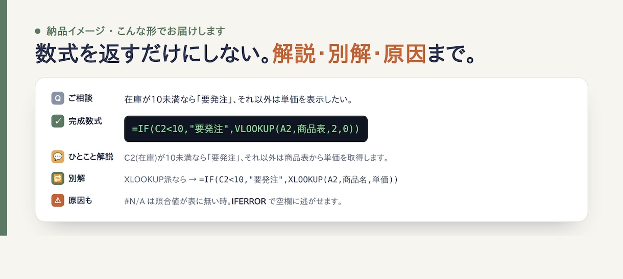Excelの関数・数式をAIで作成・修正します 解説・別解つきで即日解決。動くまで無制限修正・返金保証 イメージ2