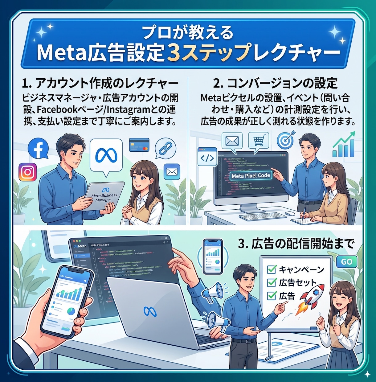 Meta広告の初期設定をサポートします 月700万円〜運用をしているMetaのプロがサポートします。 イメージ2