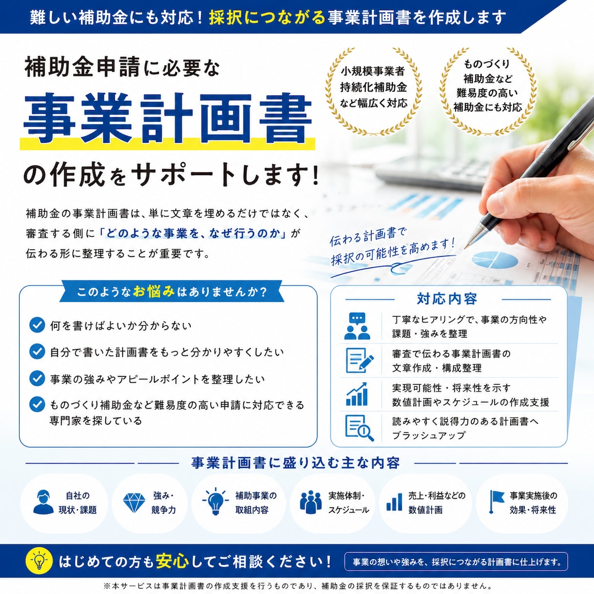 補助金申請に必要な事業計画書の作成を支援いたします 補助金のプロの行政書士がサポートする事業計画書等の作成支援 イメージ1