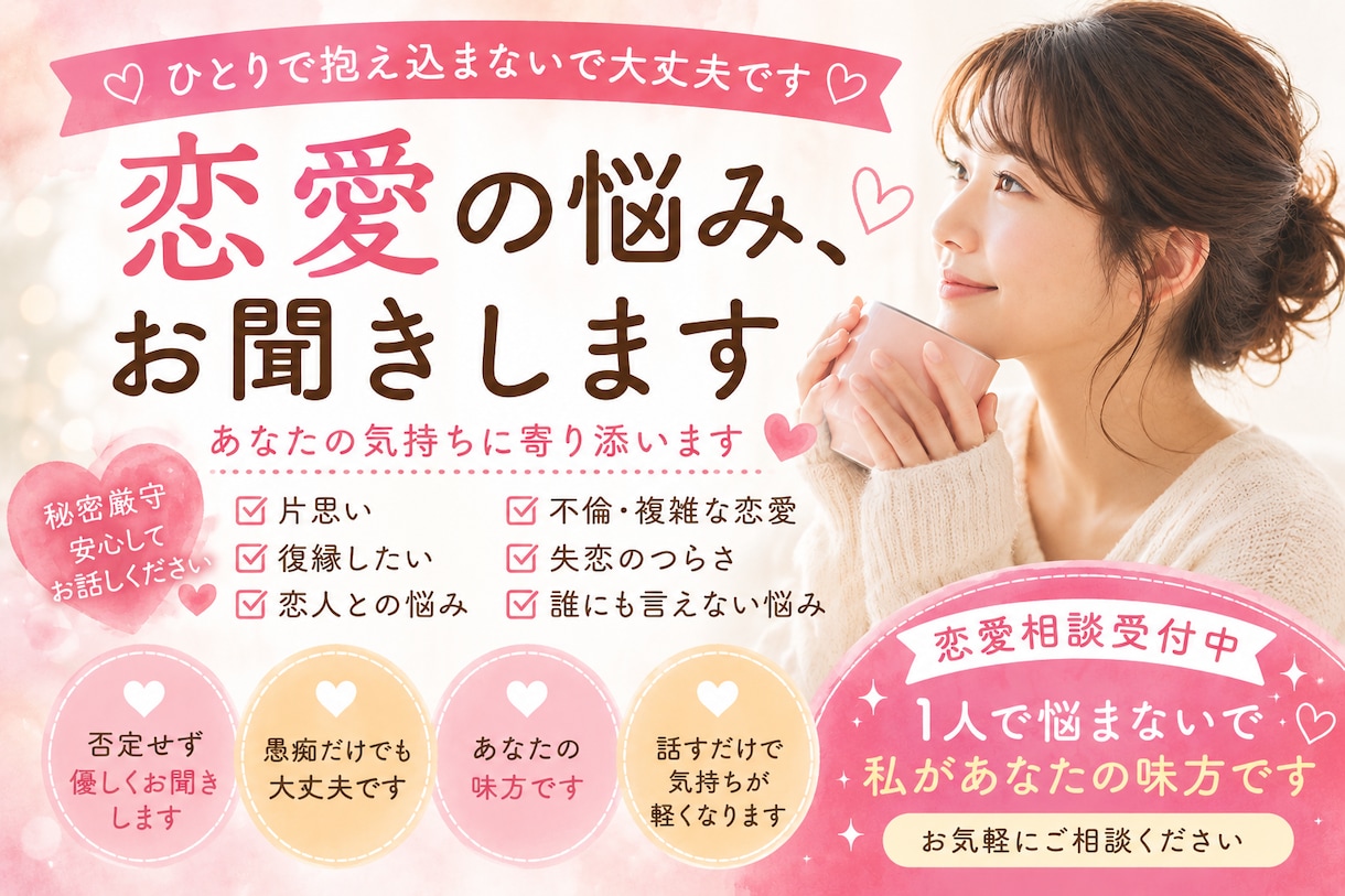 どんな恋愛相談も優しくお聞きします 恋愛相談・愚痴・不安、何でもお話ください夜でもOK！ イメージ1