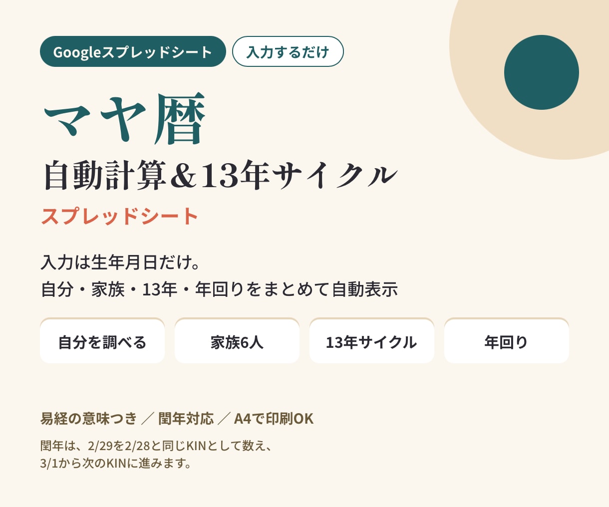 限定価格: マヤ暦の計算を自動にするスプシ送ります 名前と生年月日だけ。家族6人の関係性もわかる。 イメージ1