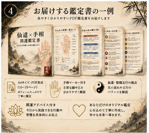 手相×仙道で仕事・恋愛・金運と開運の道を鑑定します 両手の手相から資質と転機を読み、仙道で運気を整えます イメージ4