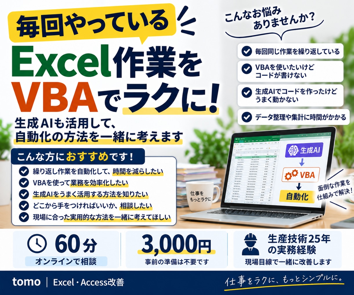 Excel作業のVBA自動化を一緒に考えます 生成AIも活用して自動化の方法を一緒に整理します イメージ1