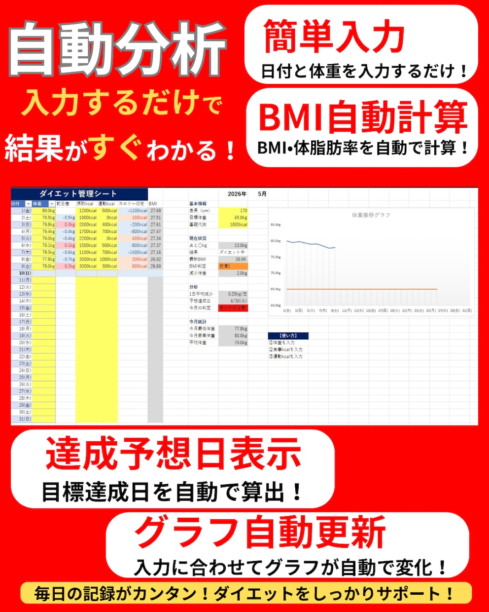 自動分析ダイエット管理表作ります 入力するだけで体重管理を自動化 イメージ1