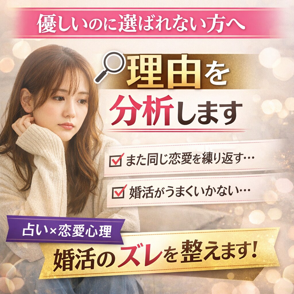 優しいのに選ばれない理由を分析します 婚活のズレを整え、選ばれる状態へ イメージ1