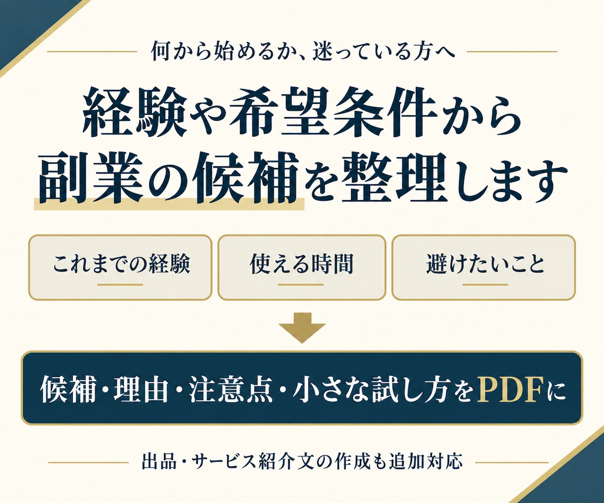 経験や希望条件から副業候補と試し方を整理します 候補選びから最初の一歩へ。出品文作成も追加対応 イメージ1