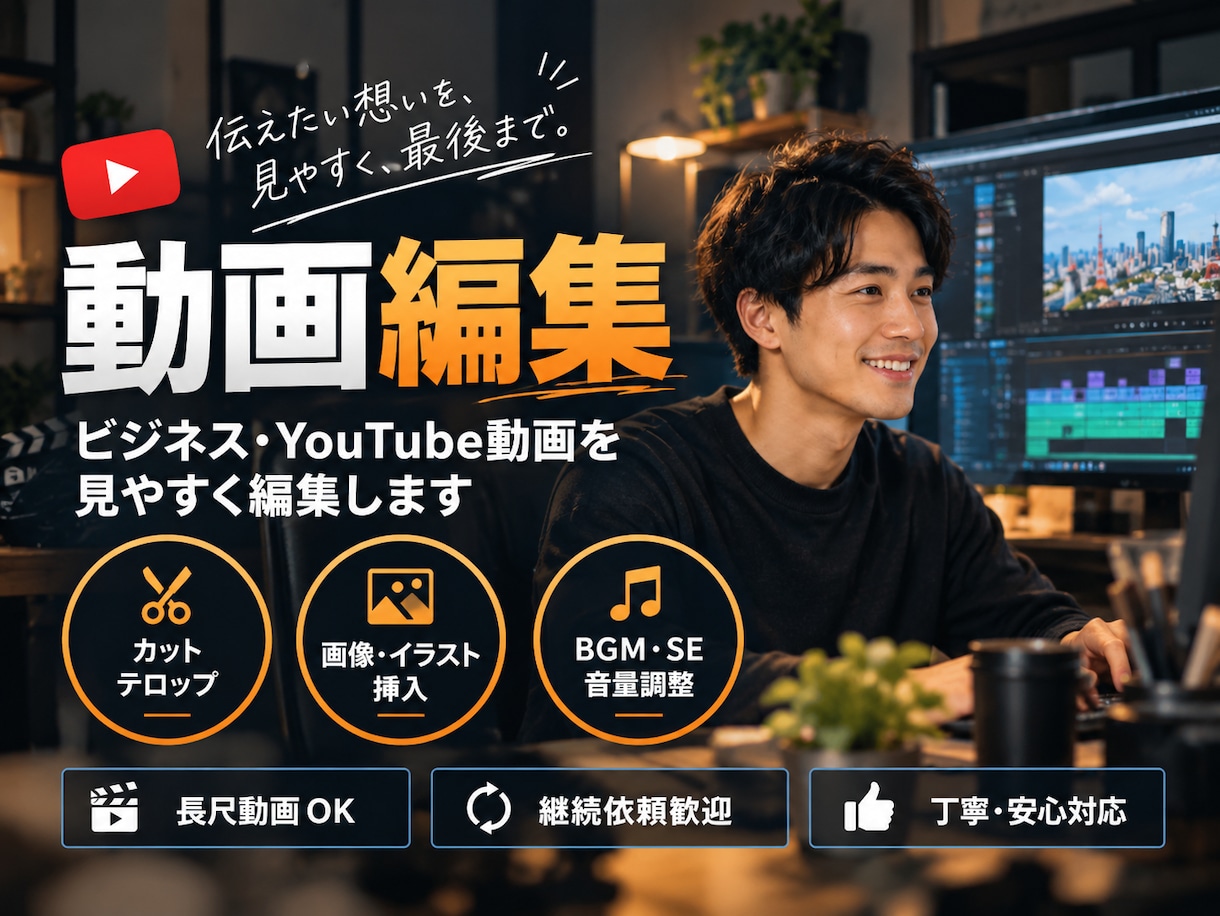 ビジネス・YouTube動画を見やすく編集します 「長尺OK｜カット・テロップ・画像・BGMまでまとめて対応」 イメージ1