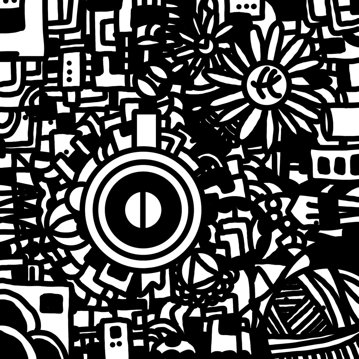 ごちゃごちゃした線画を描きます 大きなモチーフから連想を広げます。 イメージ1
