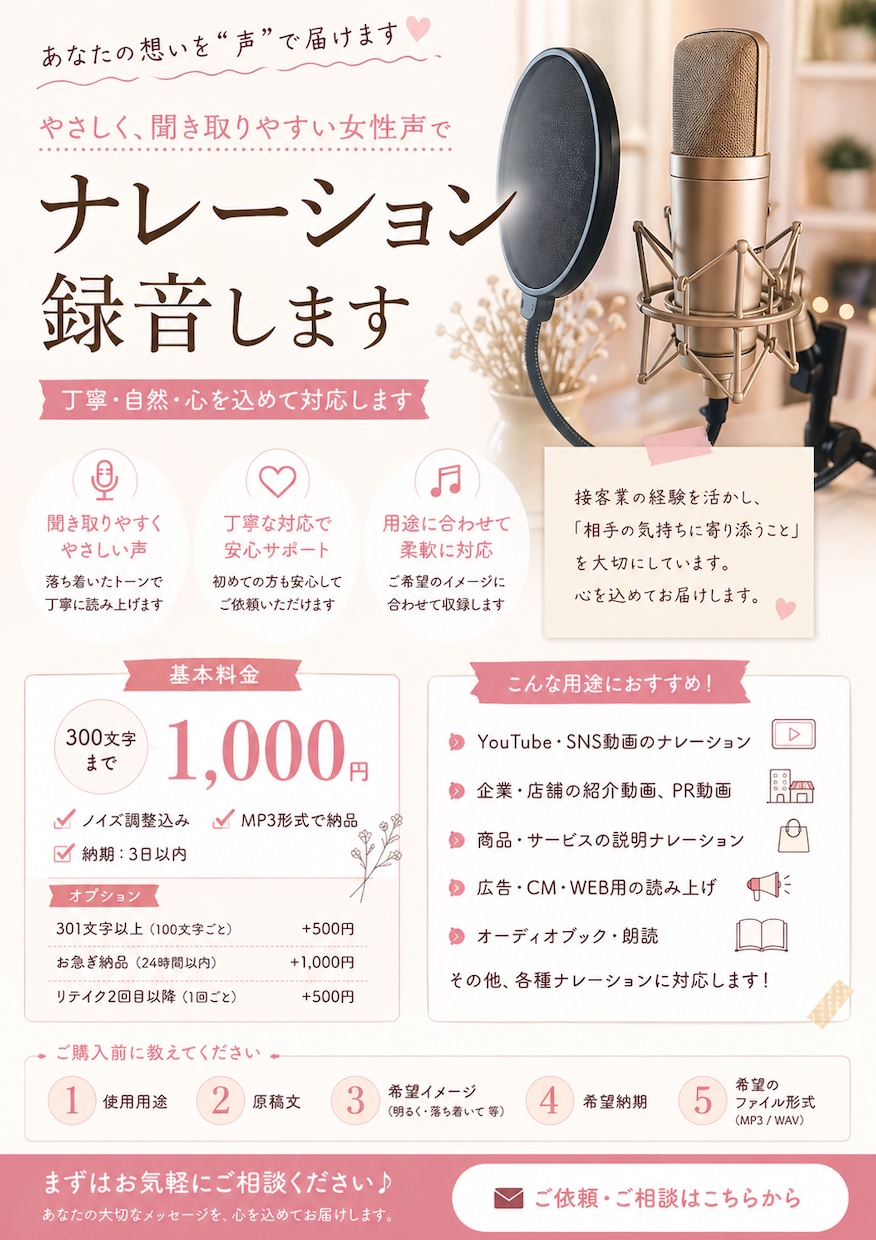 優しく聞き取りやすい女性声でナレーション録音します 丁寧・自然・聞き取りやすい声で対応します イメージ1