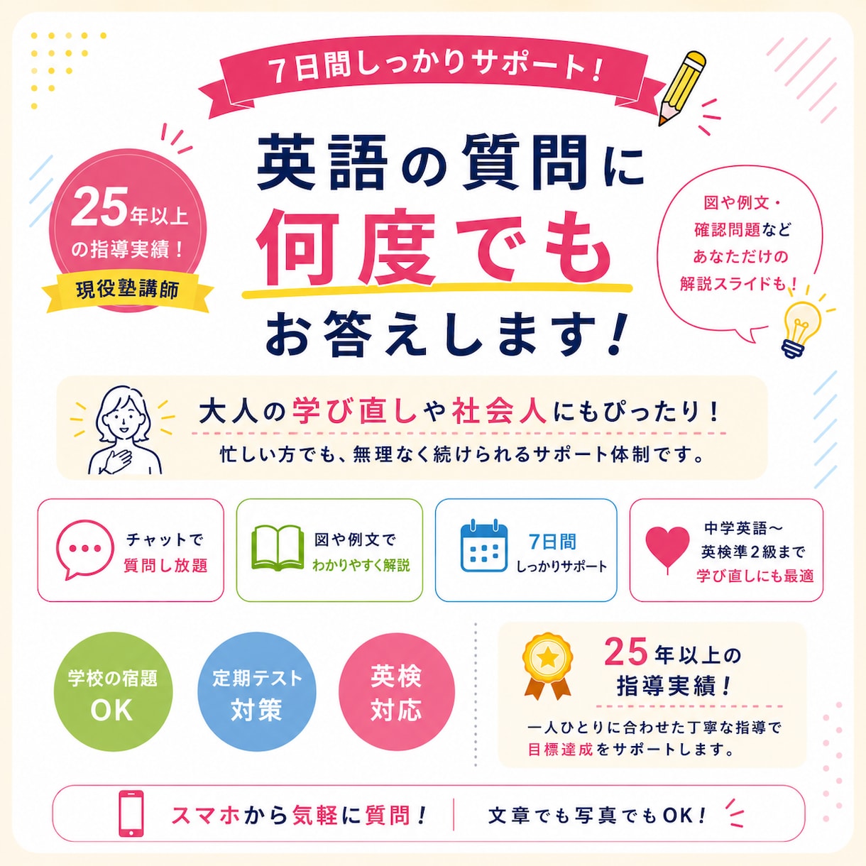 7日間チャットで英語の質問に何度でもお答えします 25年以上の現役塾講師が7日間あなた専用で丁寧にサポート イメージ3