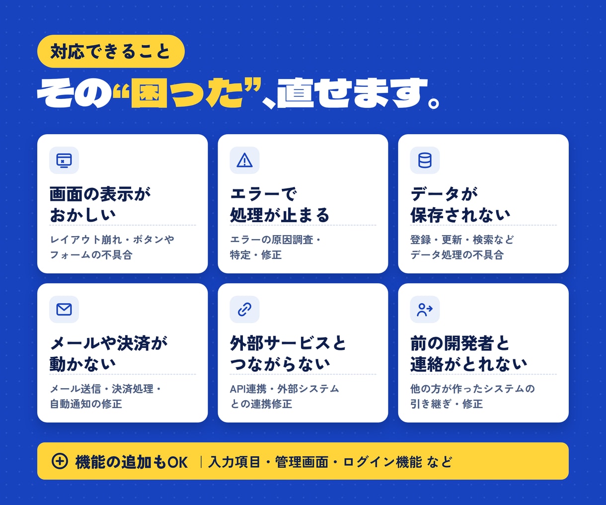 今あるWebサービスの修正・機能追加に対応します 不具合修正から小さな機能追加まで柔軟に対応 イメージ2