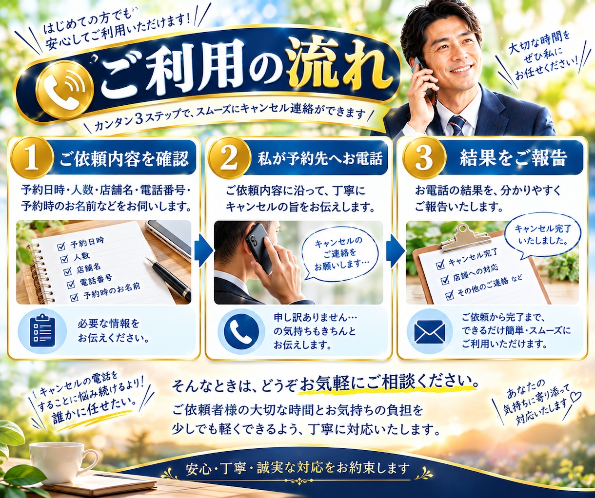 キャンセル電話代行◆プロが気まずい連絡を代行します 飲食店|病院|美容院他|電話が苦手な方に代わりご対応致します イメージ2