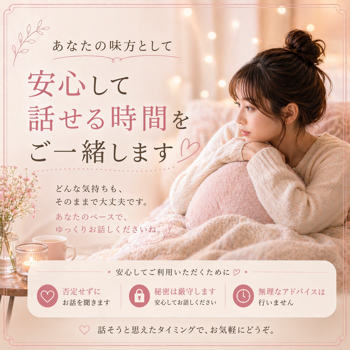 恋愛のモヤモヤを吐き出せる相談。優しくお聞きします 一人で抱え込まずに、ぜひご相談ください♪ イメージ4