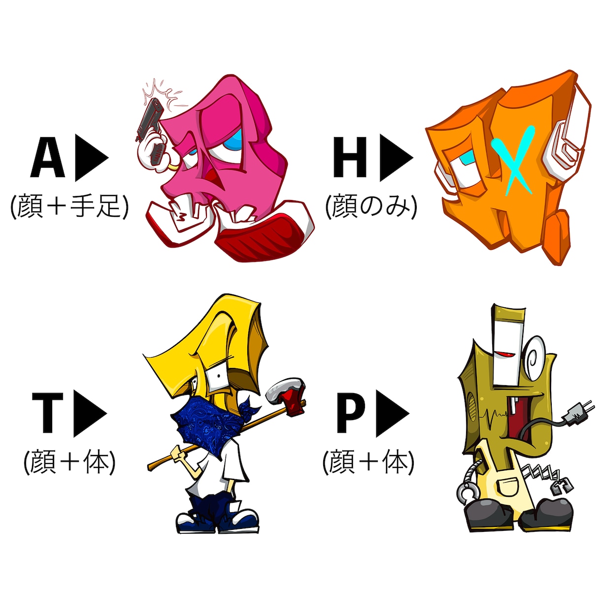 ユニークなアルファベットのキャラクター描きます お好きなアルファベットをキャラクターにします！漢字対応可能！ イメージ2