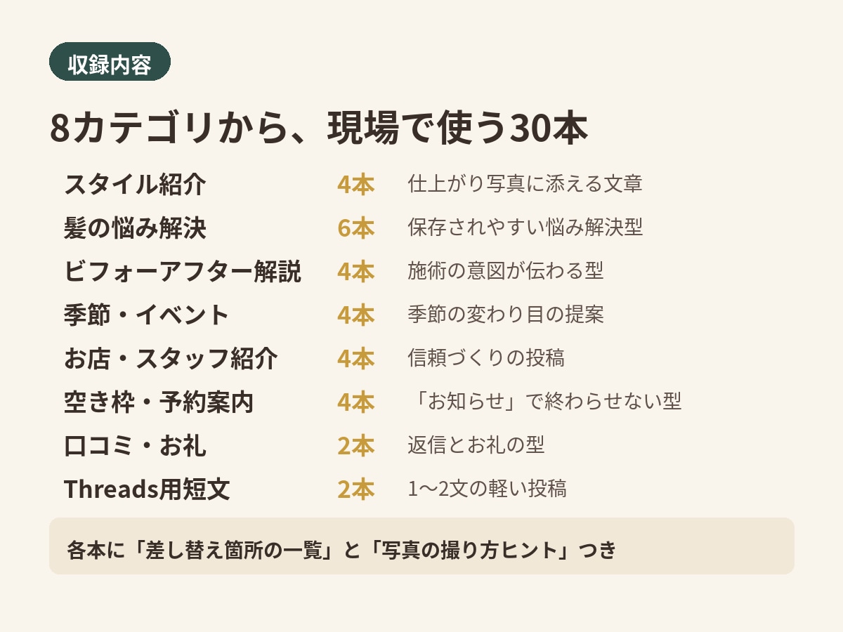 美容室インスタ投稿文テンプレ30本作ります お試し版｜投稿テンプレート30本 イメージ2