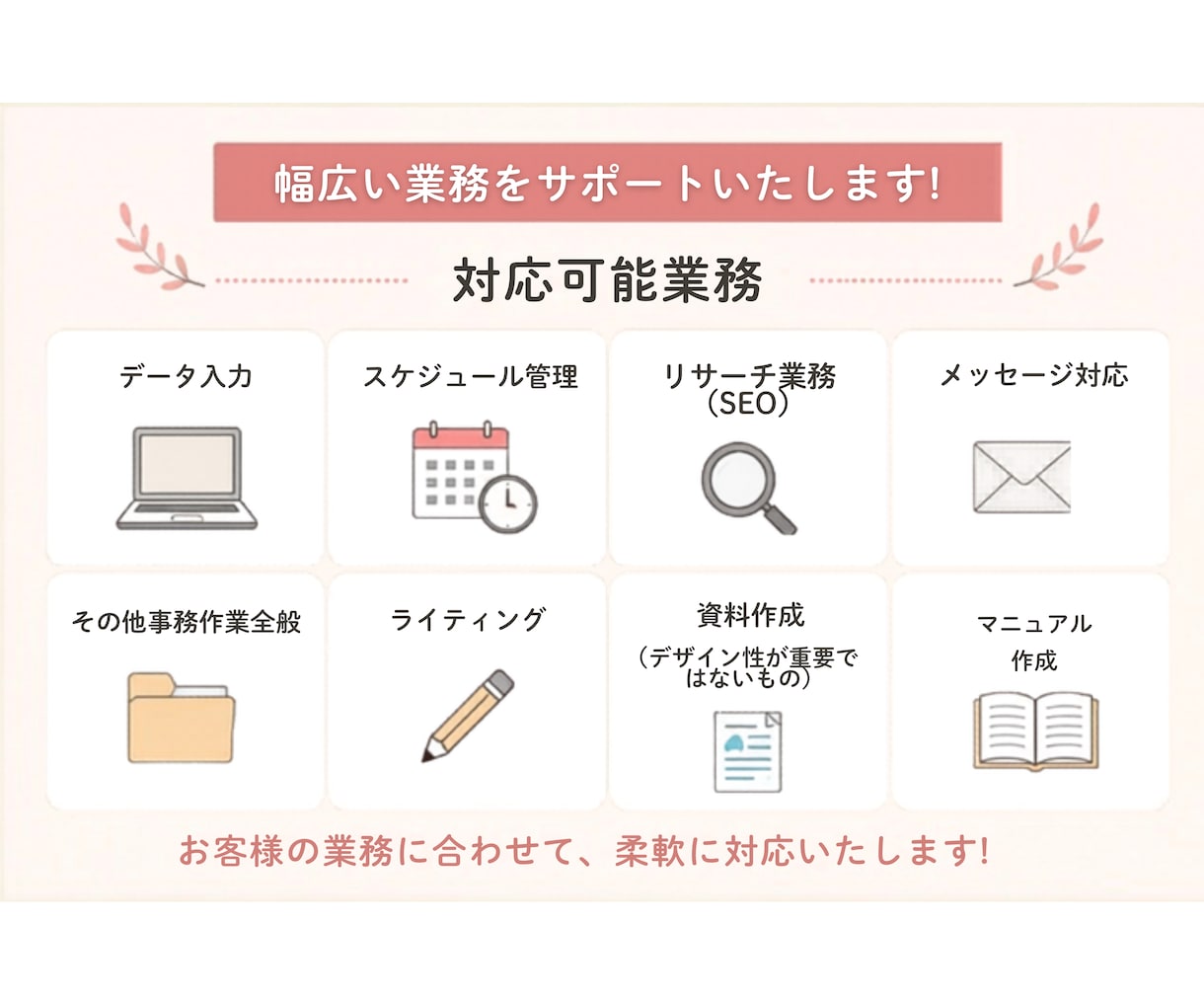 面倒な事務作業・細かい業務をサポートします ひとつひとつ丁寧に、あなたをサポートします。 イメージ2