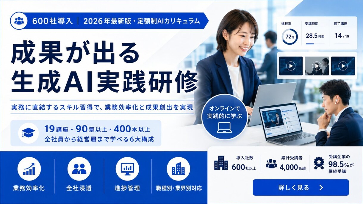 600社導入実績！生成AIがすぐ実務で使えます 月額5,000円から始める業務効率化eラーニング講座 イメージ1