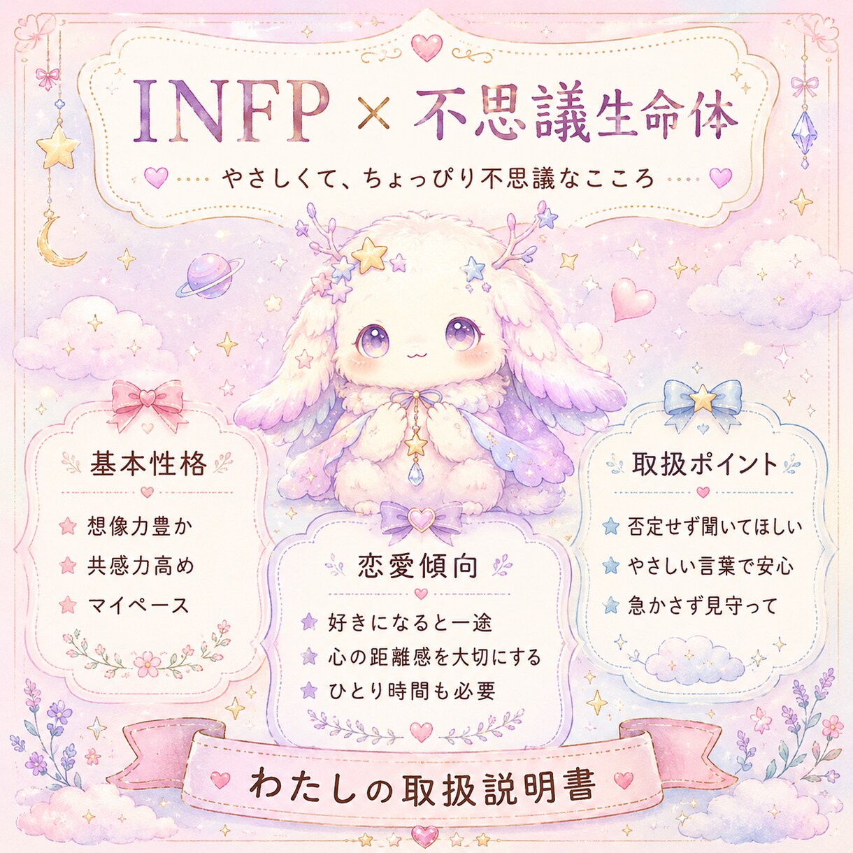 MBTI×恋愛タイプであなたの取扱説明書を作ります 可愛い画像で、自分の魅力・恋愛傾向・接し方をまとめます イメージ1