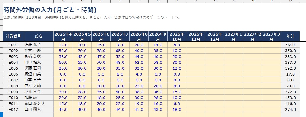 有給5日と残業上限を自動判定しますます マクロ不使用。総務・労務の実務経験者が作成した完成品 イメージ4