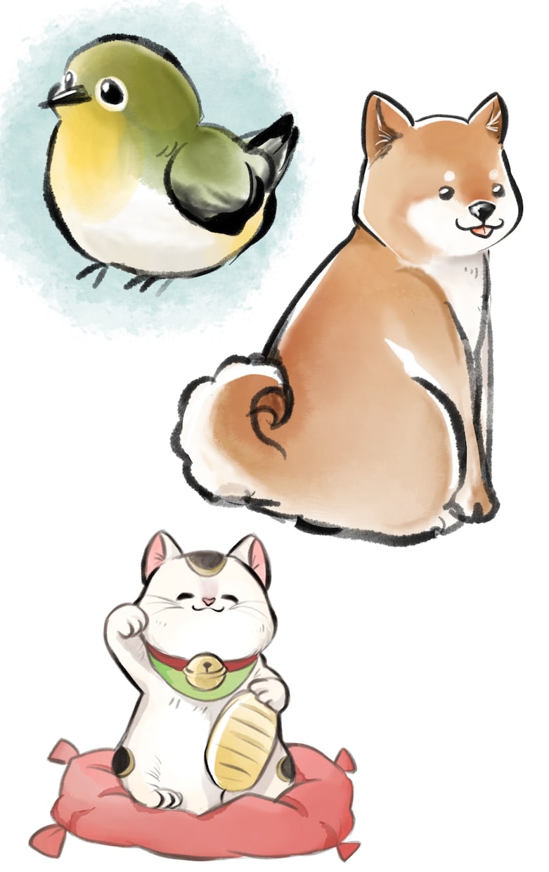 筆絵,墨絵と水彩風で食べ物、動物、人物を描きます 商用OK!ポップで和風っぽいイラストに仕上げます。 イメージ5